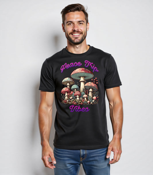 Peace Trip Vibes Unisex Jersey Tee - Retro Mushroom Graphic T-Shirt